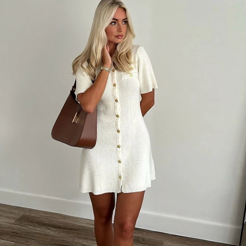 Minivestido blanco elegante de punto para mujer, suéter Sexy ajustado con botones de Metal, trajes de fiesta de vacaciones, otoño 2024