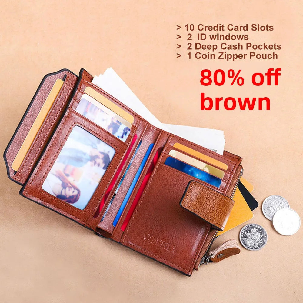 CIEPHIA Cartera Retro de cuero genuino para hombre, monedero antirrobo con cremallera, capa superior de piel de vaca, uso diario informal de negocios