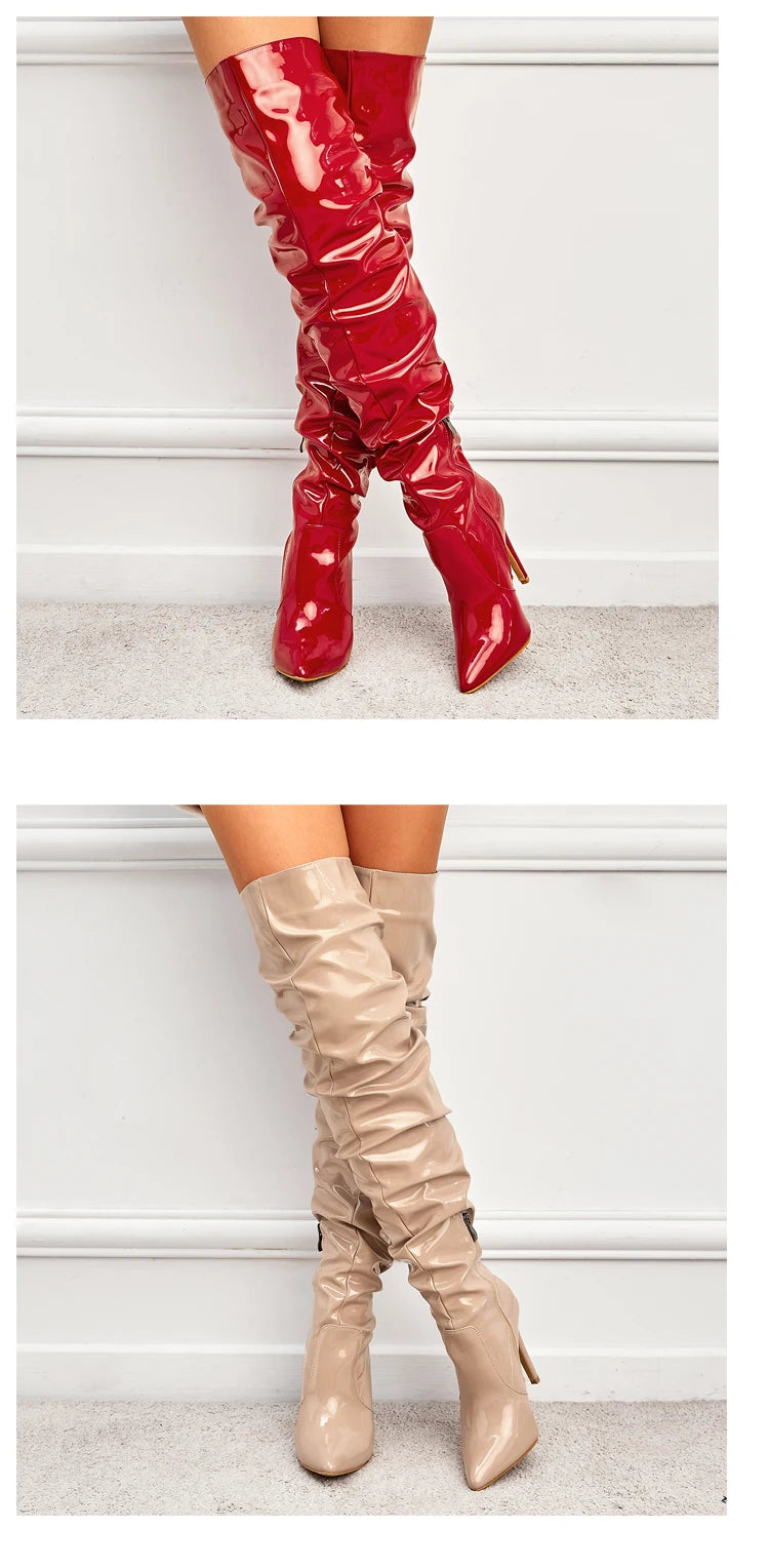 Eilyken-Botas por encima de la rodilla plisadas de charol para mujer, zapatos hasta el muslo con cremallera y punta estrecha, a la moda, alta calidad