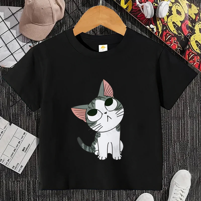 Camiseta con estampado de gato para niños y niñas, camiseta de dibujos animados, camiseta informal de manga corta, ropa cómoda y divertida para verano