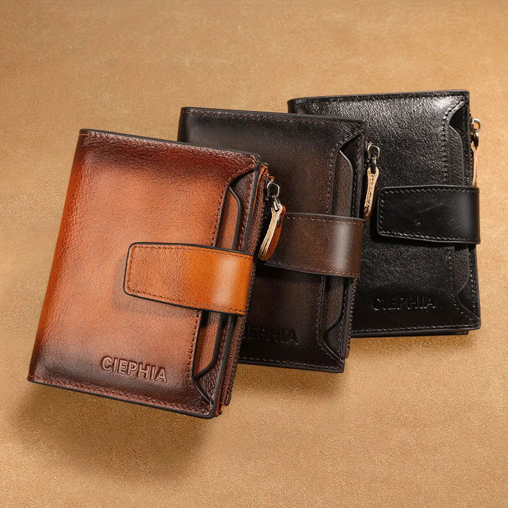 CIEPHIA Cartera Retro de cuero genuino para hombre, monedero antirrobo con cremallera, capa superior de piel de vaca, uso diario informal de negocios