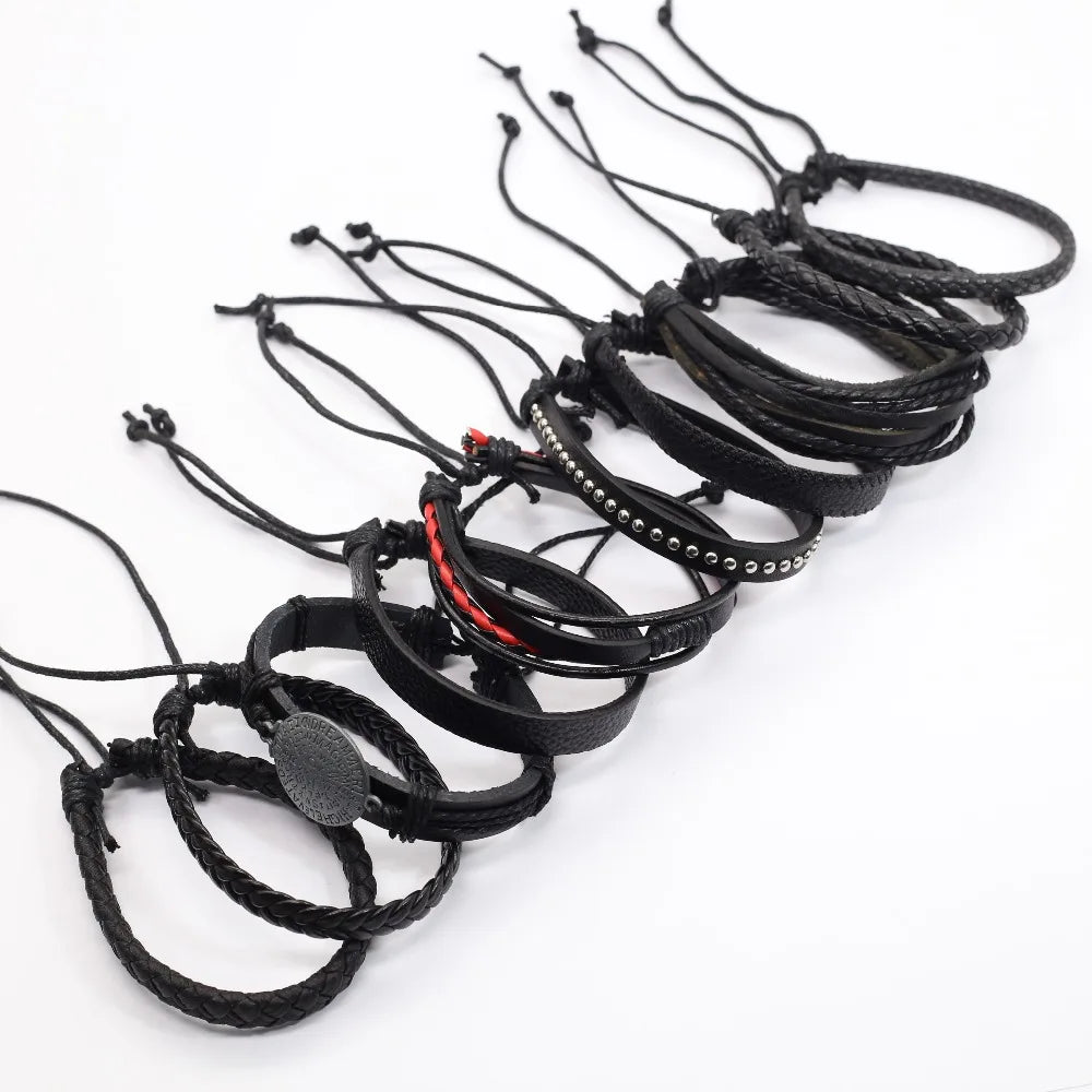 Juego de 10 Pulseras de Cuero Trenzado Negras, Hechas a Mano, para Hombre y Mujer, Pulseras de Moda, Joyería al por Mayor, Regalo