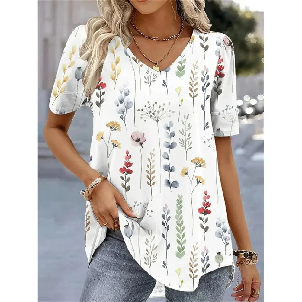 Camiseta con cuello en V para mujer, camiseta de manga corta con estampado 3D, camiseta informal holgada en blanco y negro, ropa de calle a la moda, jersey para mujer