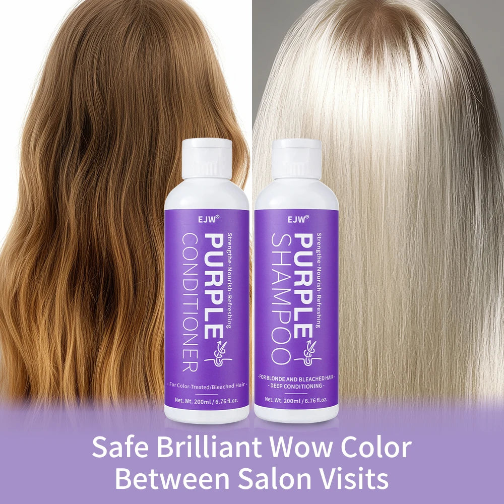 Set Champú y Acondicionador Morado para Rubio, Gris - Cabello Color Tratado - Infusido con Aceite de Cocos Nucifera para Rizado y Danificado