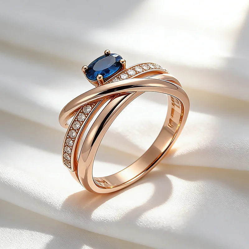 Kinel inusual 585 anillos cruzados de Color oro rosa para mujer, accesorios de circón Natural azul brillante de lujo, joyería diaria para fiesta