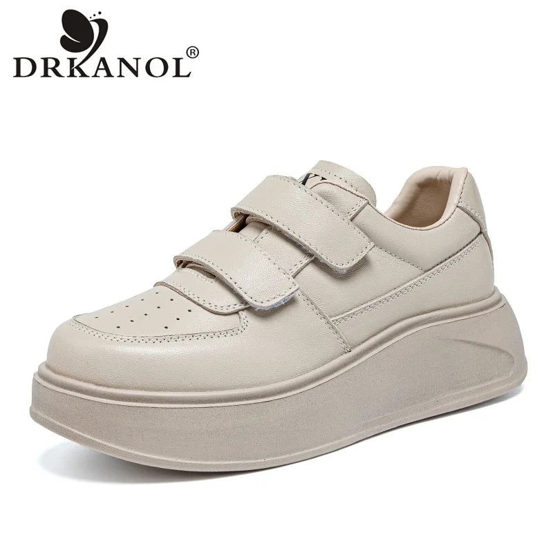 DRKANOL, zapatos de plataforma con suela gruesa y aumento de altura, zapatillas informales de cuero genuino para mujer, zapatos de tabla con gancho y bucle para mujer, color blanco