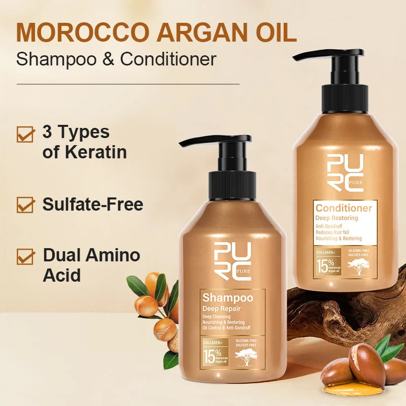 PURC-tratamiento para el cabello dañado, aceite de argán marroquí, aminoácido, queratina, suavizante, champú sin sulfato, acondicionador, juego de cabello para coche