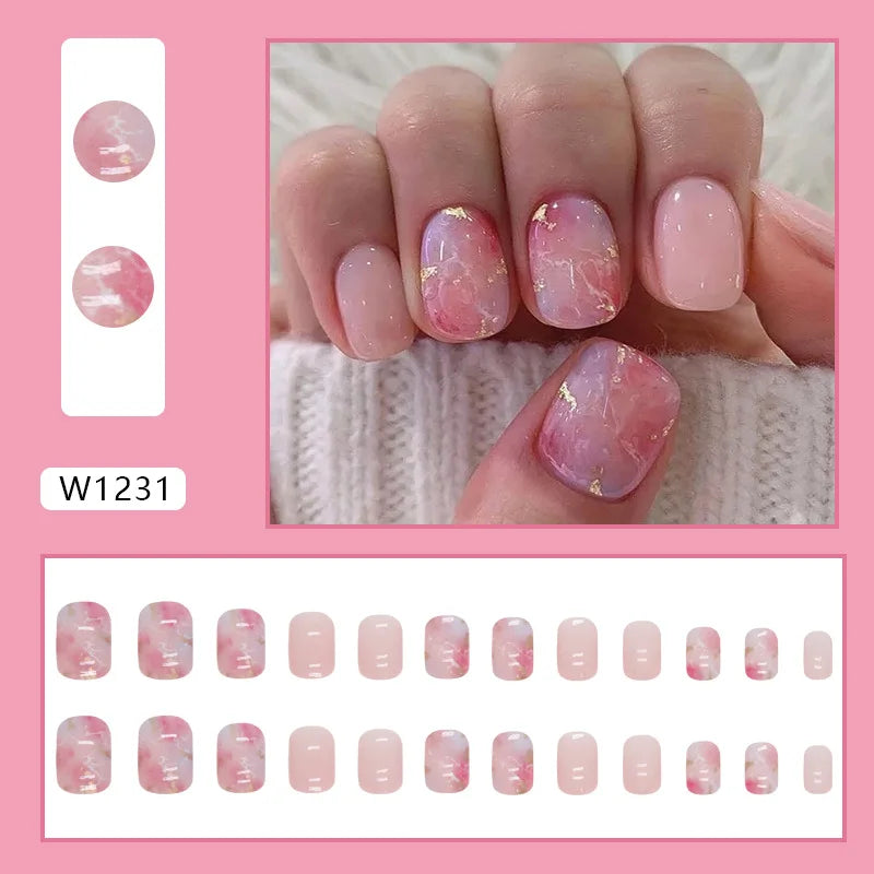 Dulce francés 24 Uds. De uñas postizas degradadas rosas, manicura de dedos artificiales brillantes, uñas postizas reutilizables para mujeres