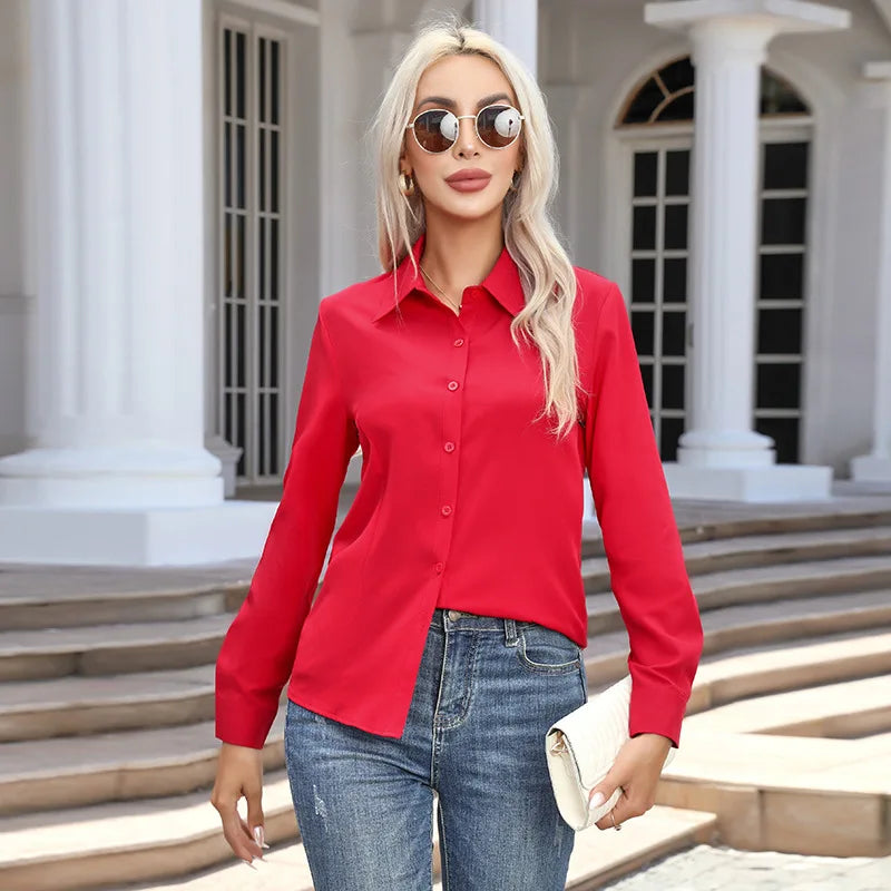 Blusa Elegante de Gasa con Botones para Mujer, Camisa Informal de Manga Larga con Cuello Camisero para Primavera y Verano, Blusa Tipo Túnica para Oficina