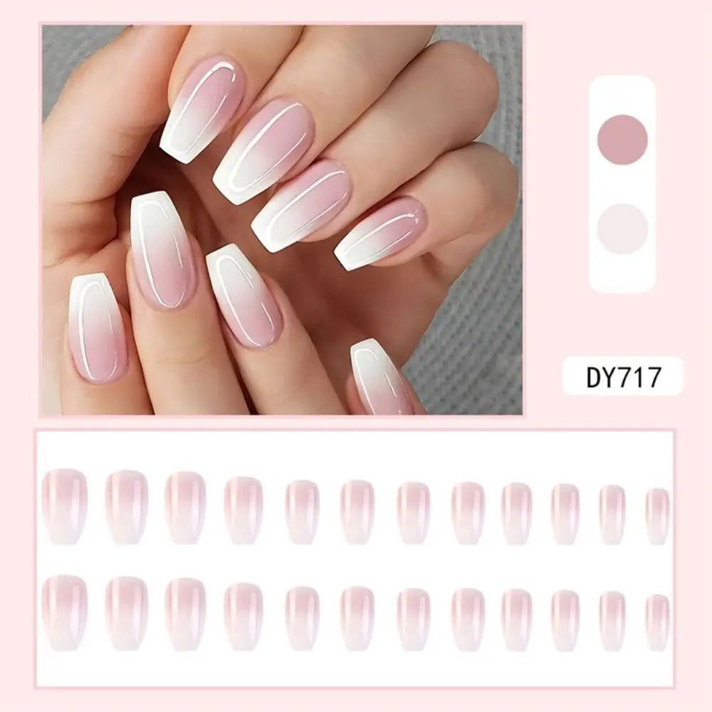 24 Uñas Postizas Degradadas Francesas Estilo Bailarina, Resistentes al Agua, Forma Ataúd Mediano, Uñas Falsas, Puntas de Uñas a Presión