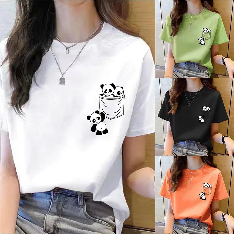 Top de manga corta para mujer, novedad de verano, Camiseta con estampado de dibujos animados de Panda de bolsillo, Tops de moda coreana para mujer, camiseta holgada con cuello redondo para mujer