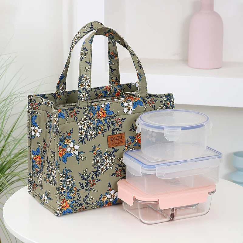 Bolso de mano grueso de gran capacidad con estampado de nailon de nuevo estilo, bolsa de almacenamiento para fiambrera semicerrada con cremallera portátil de trabajo, bolsa bento