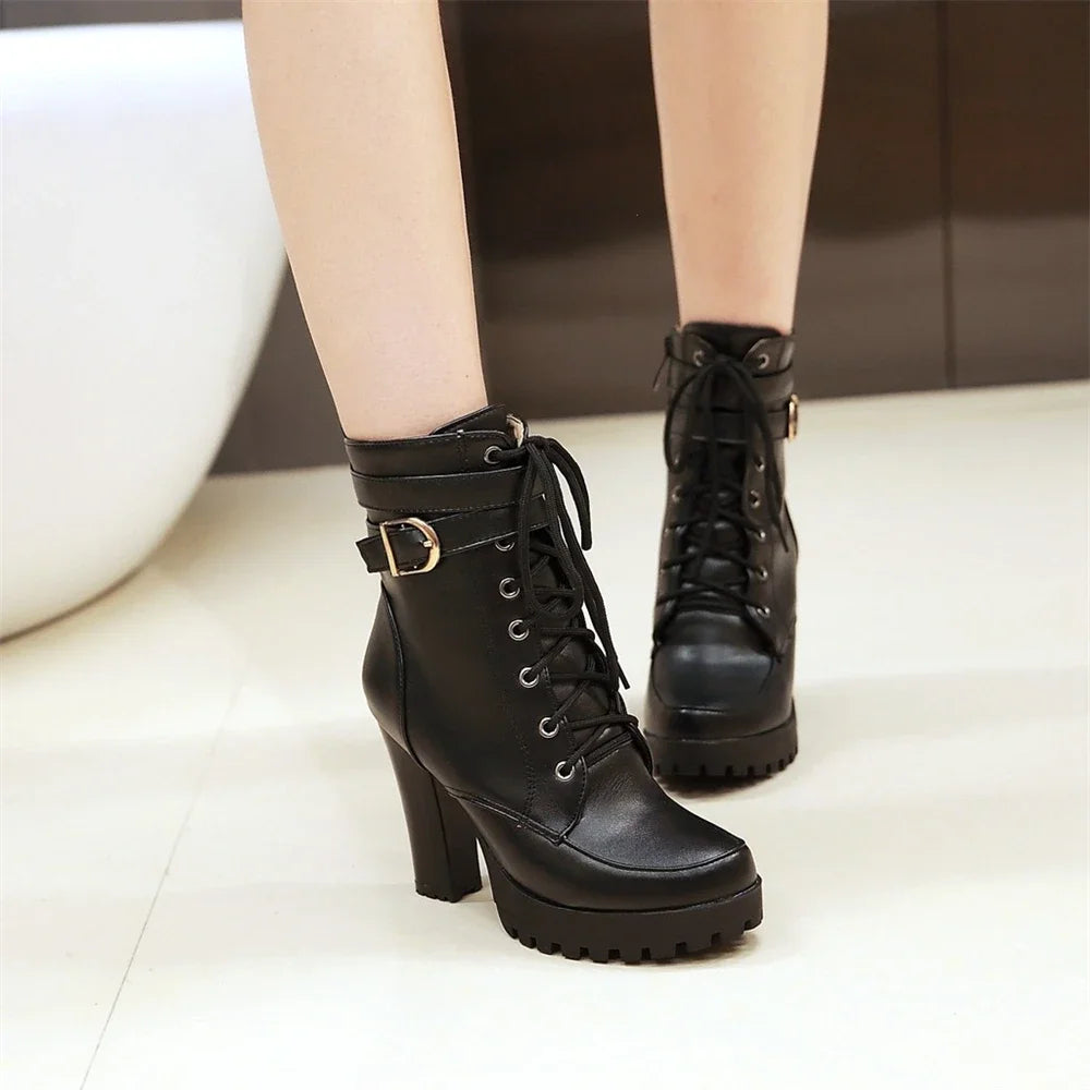 Zapatos de mujer Botas de moto Otoño Invierno Botas de mujer 2025 Botas de tobillo elegantes para mujer Plataformas de tacón alto Botas sexis con hebilla blanca