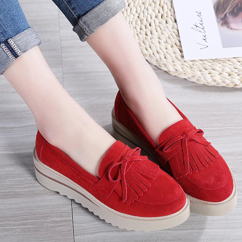 WOIZGIC, zapatos de piel de ante vacuno para mujer, zapatos planos con plataforma y flecos antideslizantes para otoño, zapatos vulcanizados Nowknot