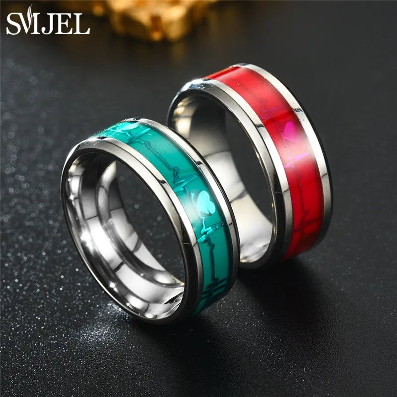 SMJEL, anillo luminoso de latido del corazón a la moda para mujeres y hombres, anillos fluorescentes, anillo de pareja de acero inoxidable que brilla en la oscuridad, regalo de joyería