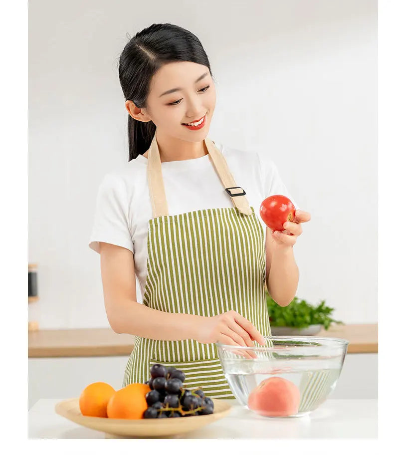 Delantal de lino a rayas para el hogar, sin mangas, cuello colgante, elasticidad ajustable, cocina, jardinería, delantal de estilo japonés nuevo