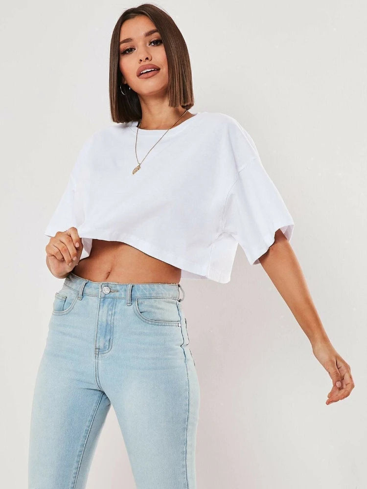 Ropa de algodón de manga corta para mujer, ropa para correr y bailar, Top corto para Yoga y Fitness, Camiseta deportiva holgada para el ombligo, camisetas de entrenamiento para gimnasio