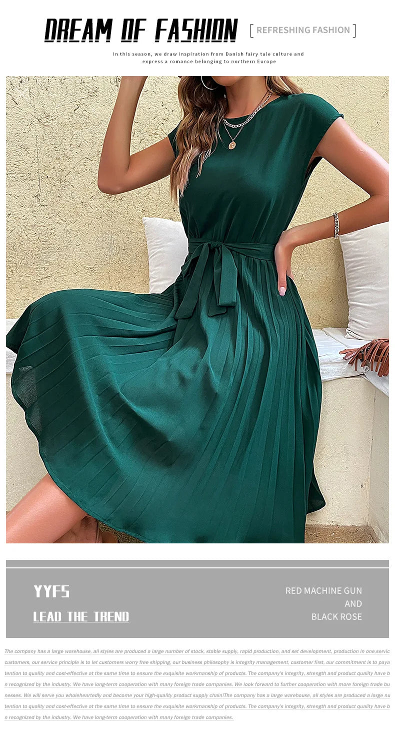 Vestido Midi plisado de manga corta para mujer, Túnica de cuello redondo, elegante, informal, Verano