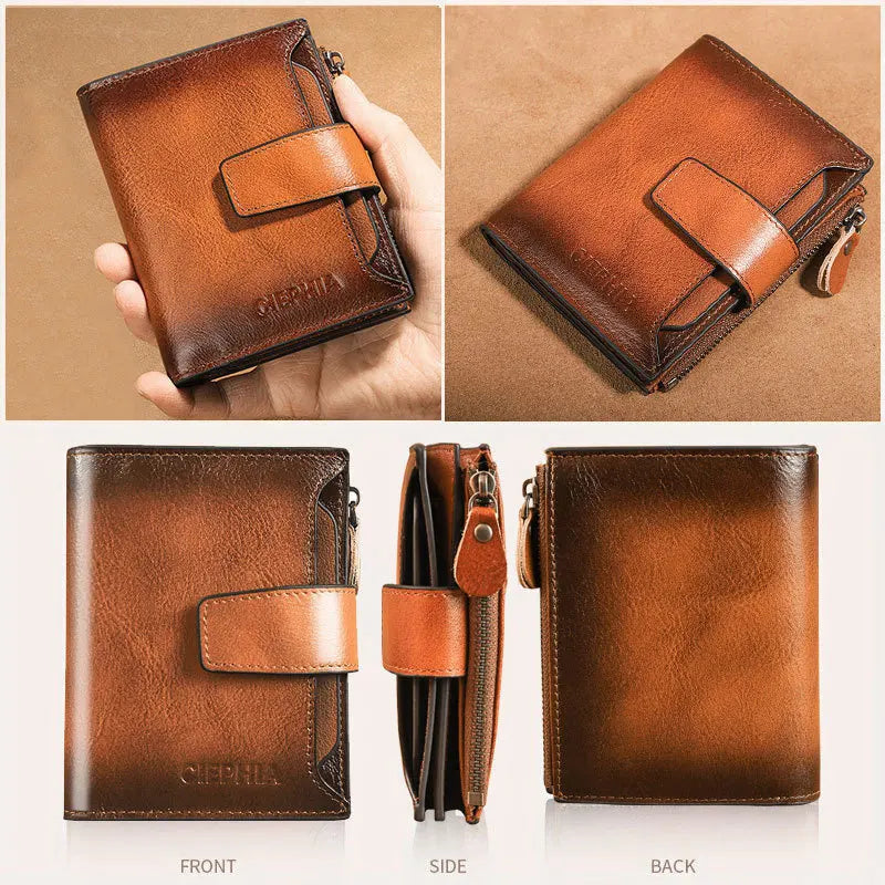 CIEPHIA Cartera Retro de cuero genuino para hombre, monedero antirrobo con cremallera, capa superior de piel de vaca, uso diario informal de negocios