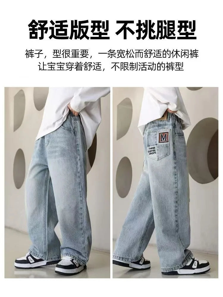 Pantalones vaqueros cálidos de invierno para niños, nuevo estilo, pantalones vaqueros holgados de pierna recta de marca a la moda para adolescentes y niños, pantalones sueltos para niños
