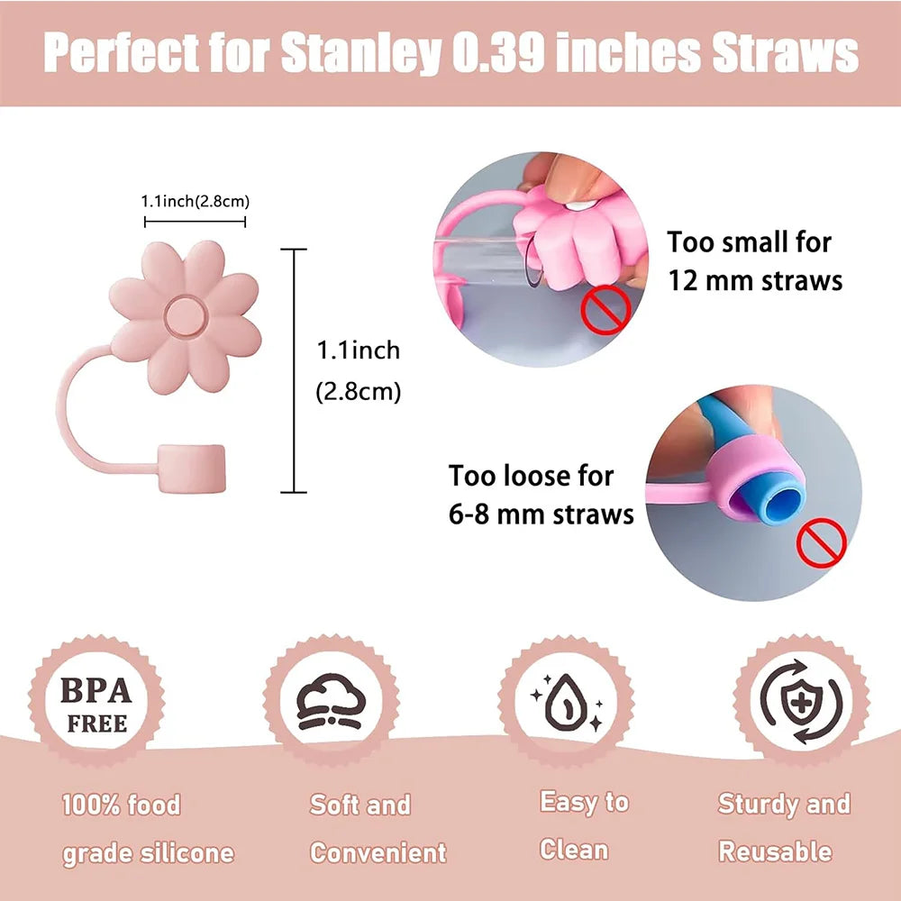 Juego de 9 accesorios: 3 tapones antiderrame, cubiertas de pajita con diseño de flores, 2 protectores de base, 1 cepillo y 1 cadena con dije de flor para vaso Stanley