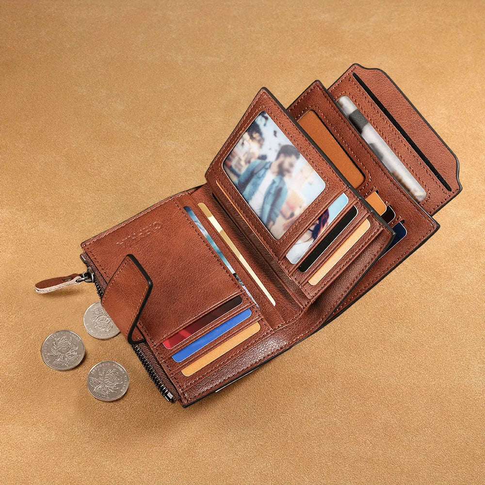 CIEPHIA Cartera Retro de cuero genuino para hombre, monedero antirrobo con cremallera, capa superior de piel de vaca, uso diario informal de negocios