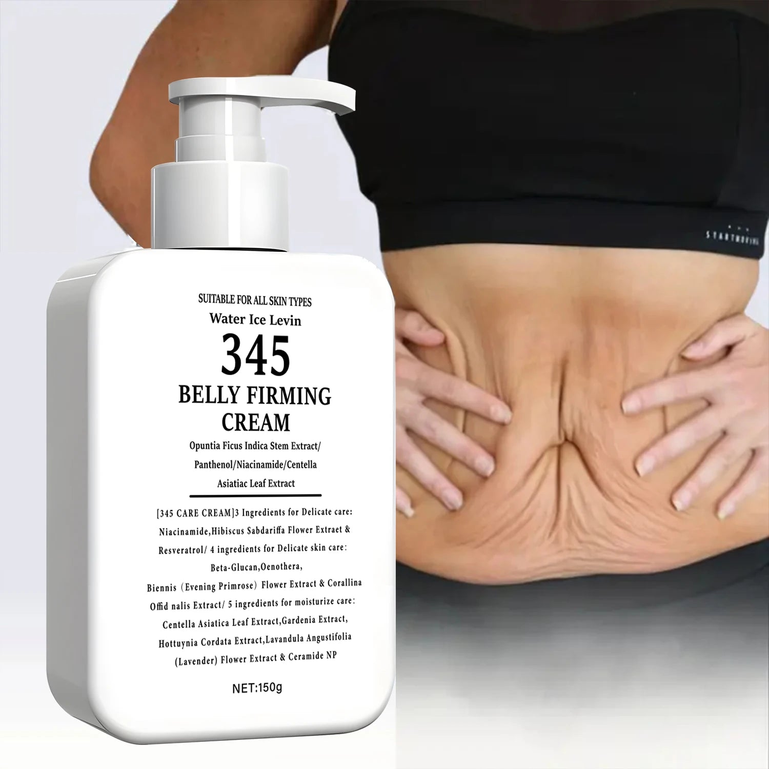 345 Crema reafirmante para el vientre Extracto de tallo de opuntia. Niacinamida Pantenol. Objetivos Piel Crepey. Tensar firmes. Todos los tipos de piel. 150 g.