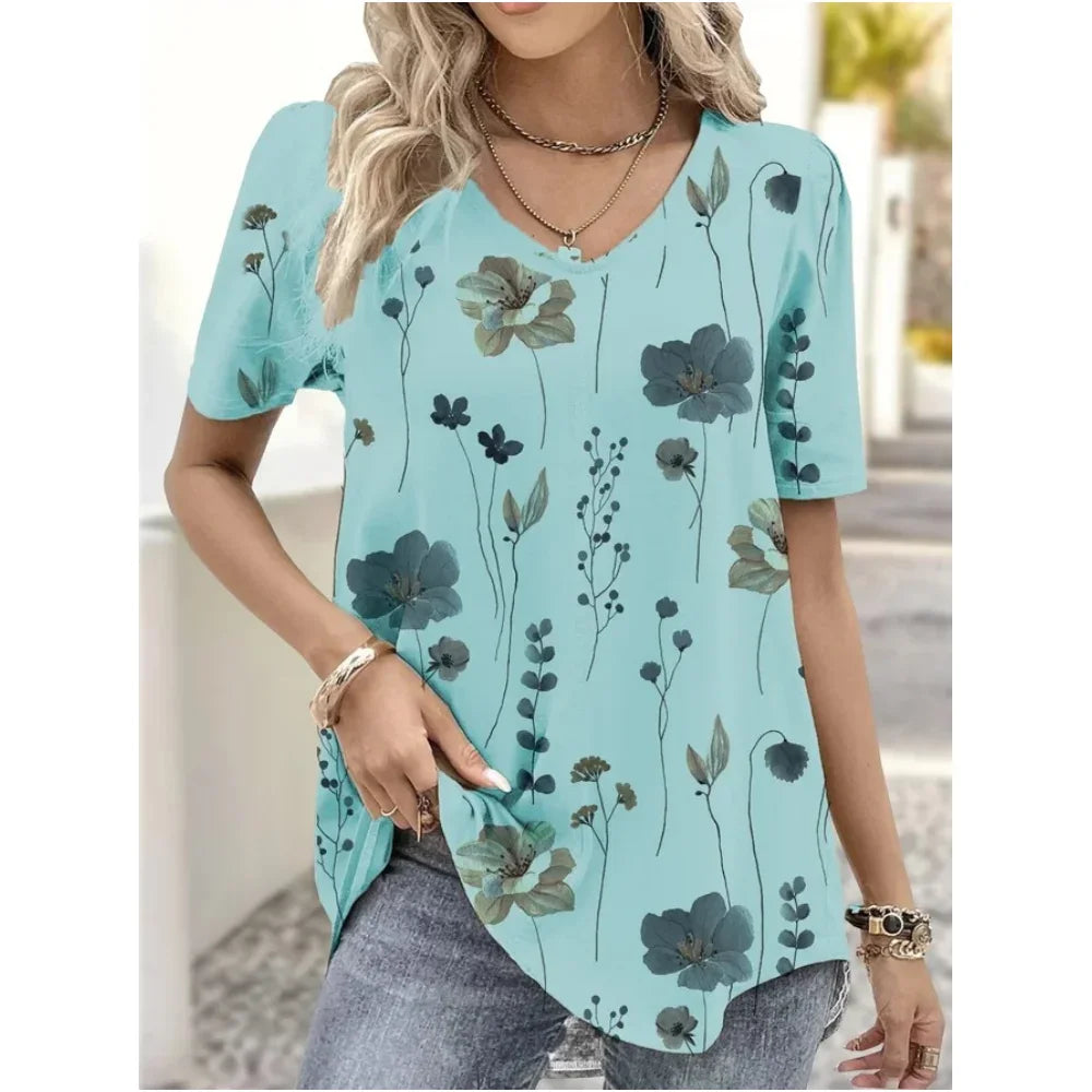 Camiseta con cuello en V para mujer, camiseta de manga corta con estampado 3D, camiseta informal holgada en blanco y negro, ropa de calle a la moda, jersey para mujer