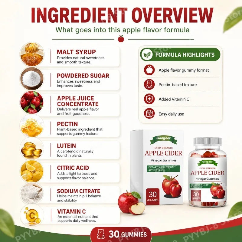 Gomitas de Vinagre de Sidra de Manzana Googeer Extra Fuertes, 30 Unidades, con Luteína, Vitamina C, Ácido Cítrico, Citrato de Sodio y Pectina para Adultos