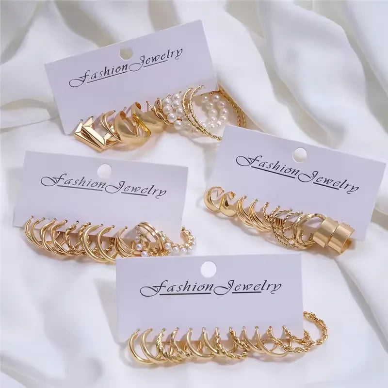 6/24 pares de pendientes de aro Vintage de Color dorado para mujer y niña, pendientes giratorios de Metal geométricos con perlas de imitación, joyería de moda