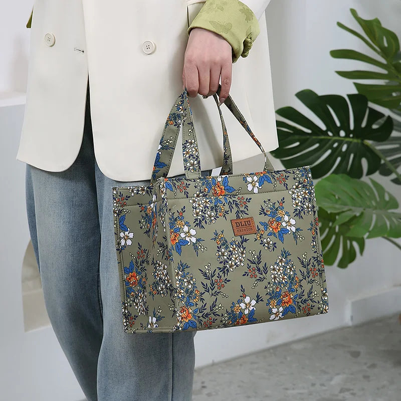 Bolso de mano grueso de gran capacidad con estampado de nailon de nuevo estilo, bolsa de almacenamiento para fiambrera semicerrada con cremallera portátil de trabajo, bolsa bento