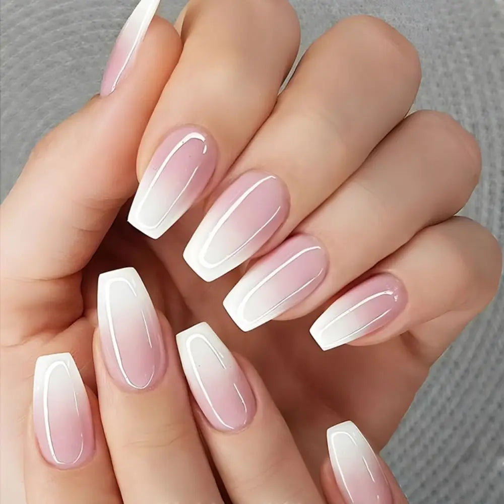 24 Uñas Postizas Degradadas Francesas Estilo Bailarina, Resistentes al Agua, Forma Ataúd Mediano, Uñas Falsas, Puntas de Uñas a Presión