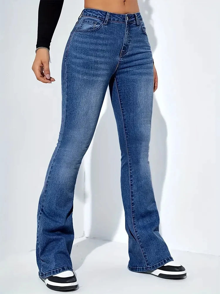 Pantalones vaqueros elásticos acampanados con bigote para mujer, pantalones vaqueros grises de cintura alta con parte inferior acampanada, pantalones largos Punk clásicos Y2K para mujer