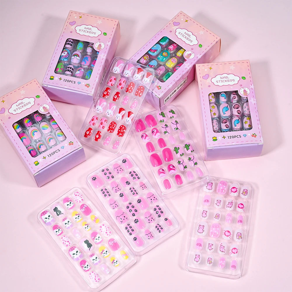 120 unids/set lindo dibujo en uñas Rosa degradado fresa princesa amor corazón estrellas puntas de uñas decoraciones de uñas para niñas