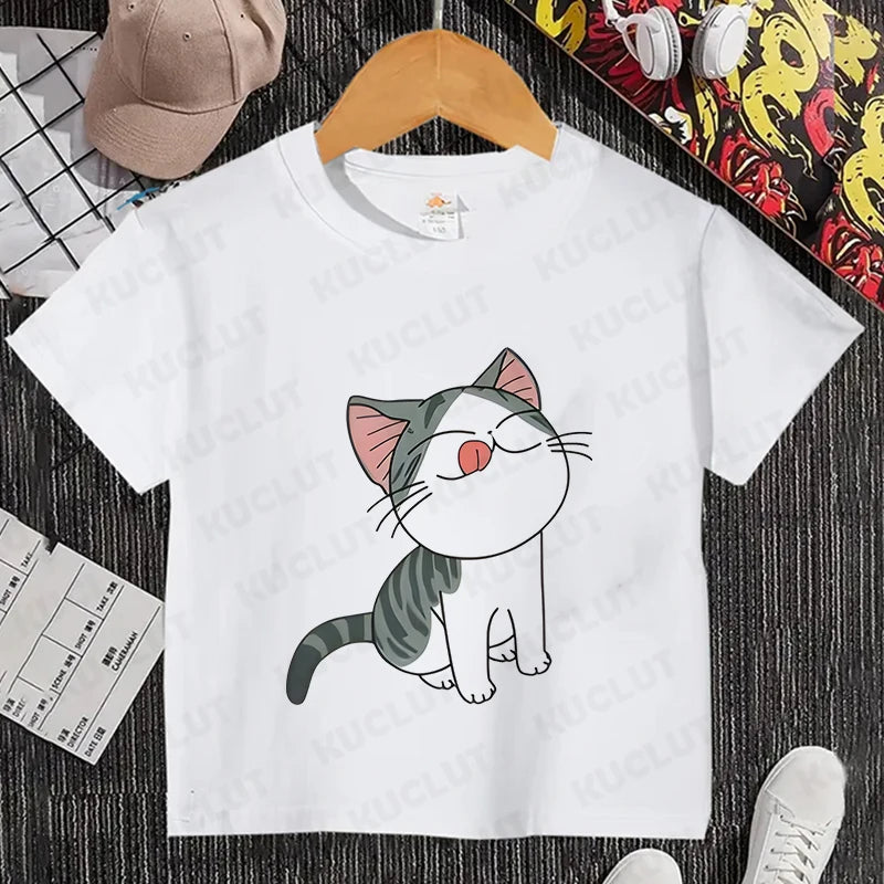 Camiseta con estampado de gato para niños y niñas, camiseta de dibujos animados, camiseta informal de manga corta, ropa cómoda y divertida para verano