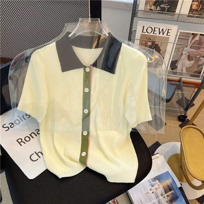 Primavera Verano 2025 diseño Sense Polo cuello mujer camiseta Casual cómoda Color contrastante Be All-match señoras Top de punto