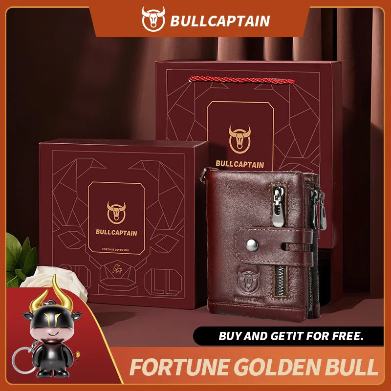 Cartera Bullcaptain de cuero genuino para hombre, monedero de viaje de calidad a la moda, protección Rfid, tarjetero Wollst para hombre con cadena