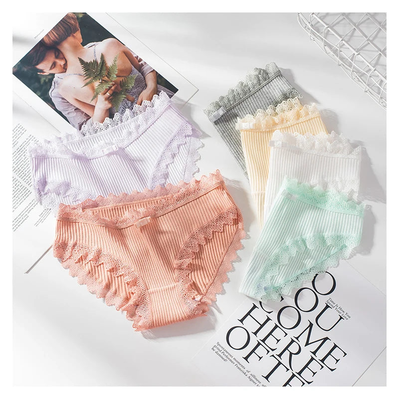Bragas de algodón para mujer, bragas de encaje sexis, bragas de Color sólido para niñas, juego de ropa interior, ropa interior, Dropshipping 3 unids/lote