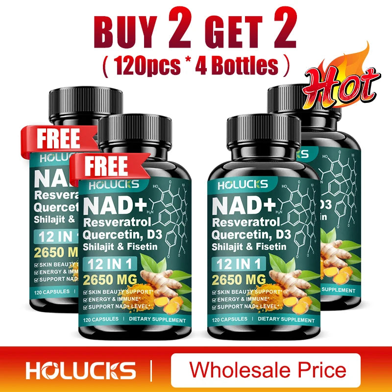 Cápsulas de NAD+ con Resveratrol, Suplemento 12 en 1, Mejora la Vitalidad Celular, Apoya la Energía y la Concentración, la Salud Inmunológica y de la Piel