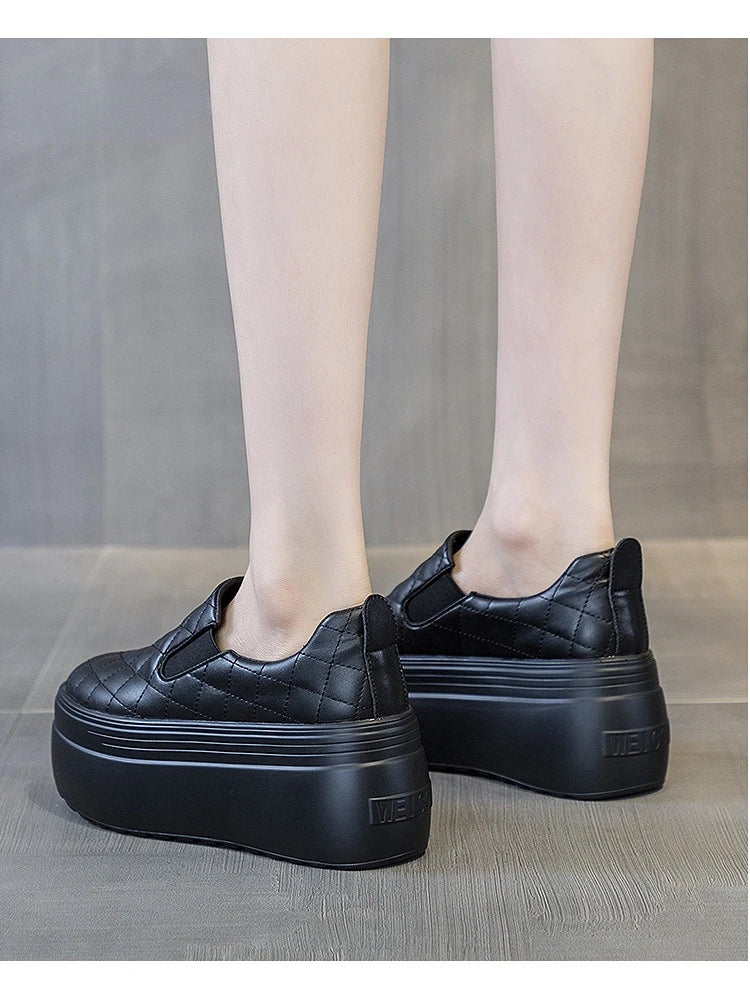 2025 zapatos de cuña de plataforma primavera otoño cabeza redonda Color sólido zapatillas gruesas Casual Slip on mocasines femeninos