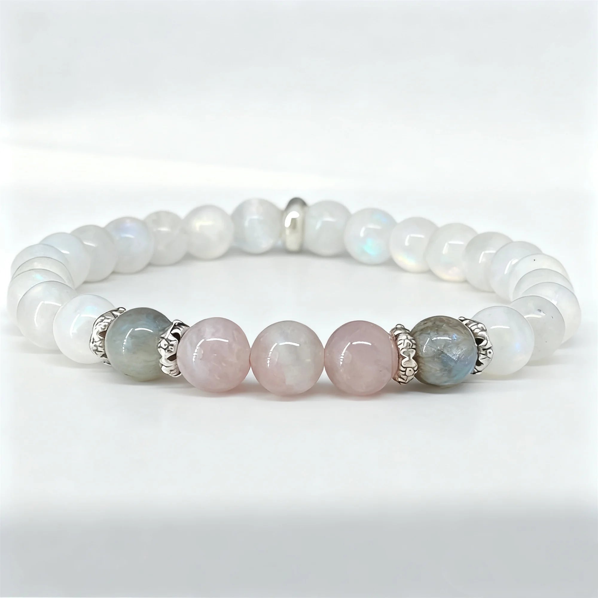 1 unidad/pulsera de jade blanco claro de luna, labradorita y cuarzo rosa calma, espiritual, nuevos principiantes, energía positiva, protección Stre
