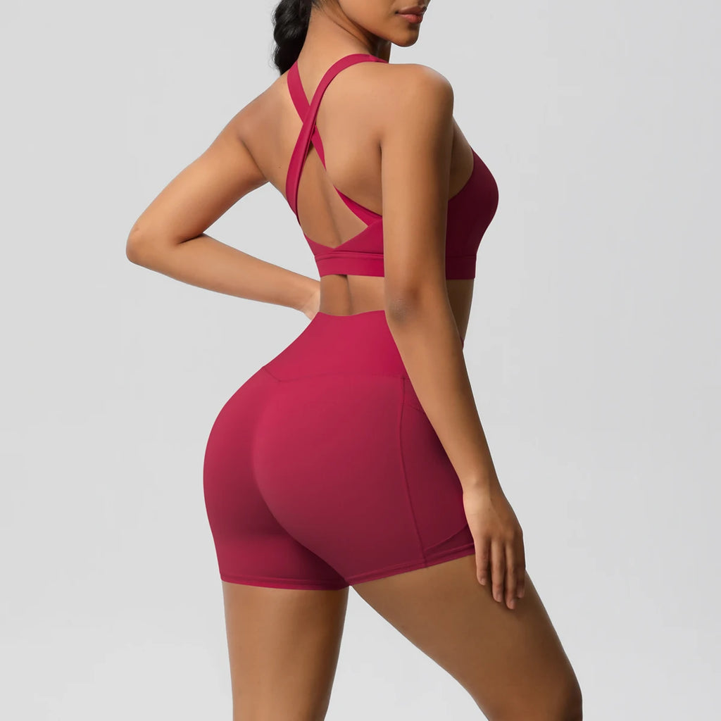 Ropa deportiva con bolsillo para mujer, conjunto de Yoga, ropa de gimnasio, trajes de Yoga para mujer, chándales, pantalones cortos deportivos, sujetador cruzado, mallas de gimnasio, 2 uds.