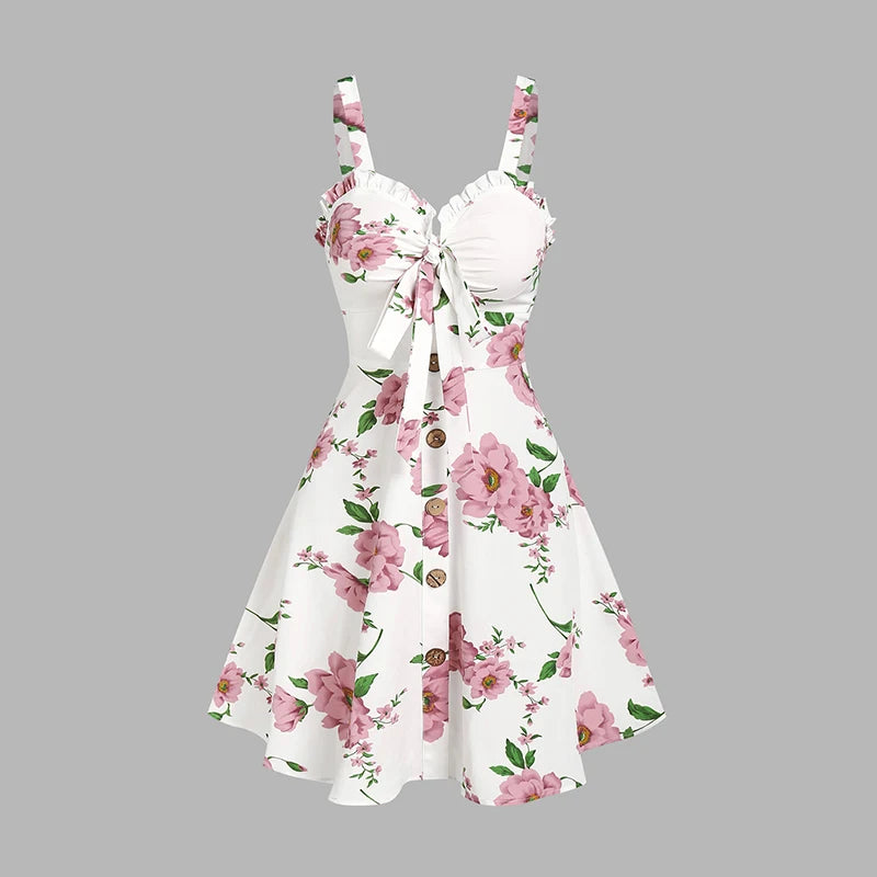 Dressfo 2025 Vestido veraniego con estampado floral para mujer, vestido de fiesta en el jardín, minivestido con lazo y volantes para verano