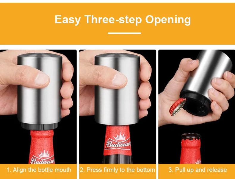 Abridor automático de botellas de cerveza de acero inoxidable, tapa de empuje sin curvatura, fácil de abrir para botellas de vidrio de cerveza y refresco, abridor de cocina