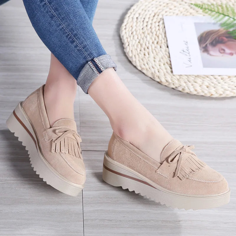 WOIZGIC, zapatos de piel de ante vacuno para mujer, zapatos planos con plataforma y flecos antideslizantes para otoño, zapatos vulcanizados Nowknot