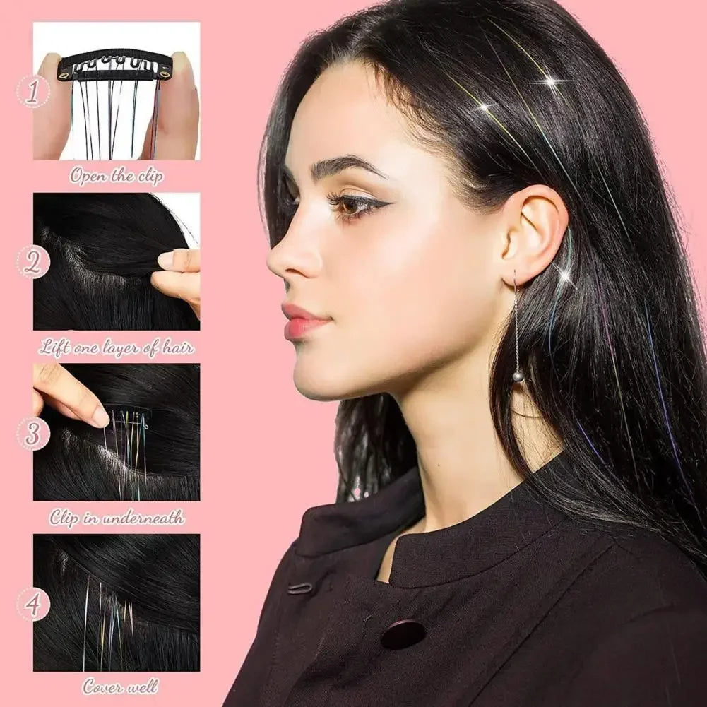 6 uds 50cm chispeantes pelo brillante oropel extensiones de cabello oropel extensiones de Clip de pelo sintético mujeres para tocado trenzado