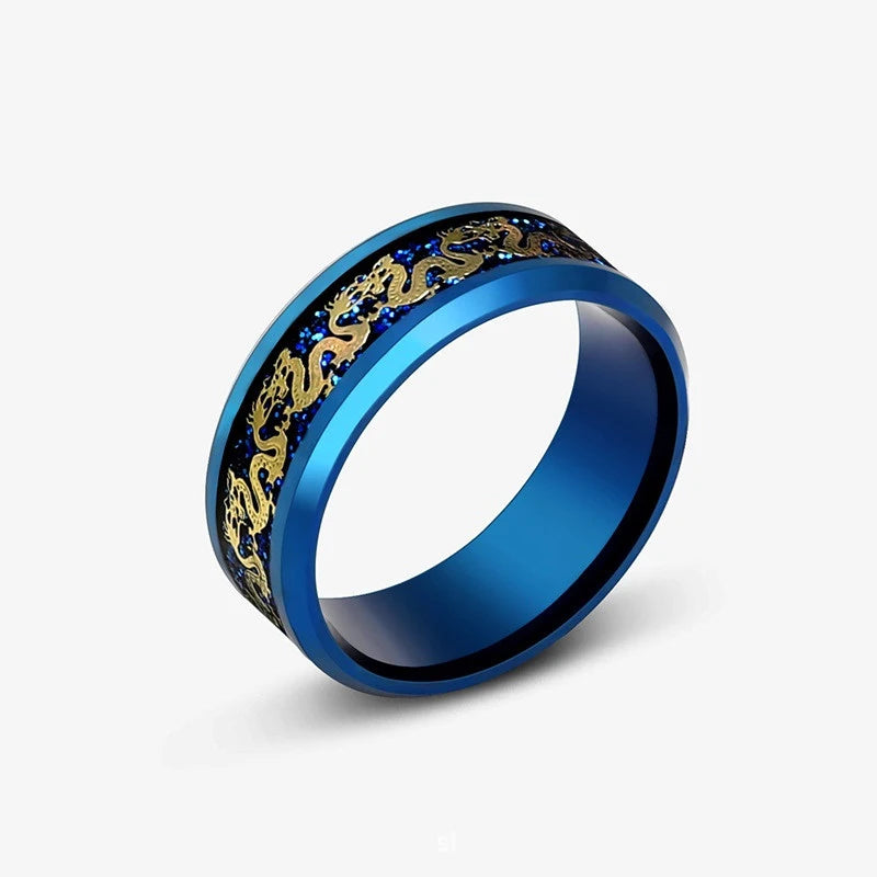 Anillos con diseño de dragón dominante de acero inoxidable de 8mm para hombres y mujeres, anillo Punk con incrustaciones de fibra de carbono azul, bagues pour femme