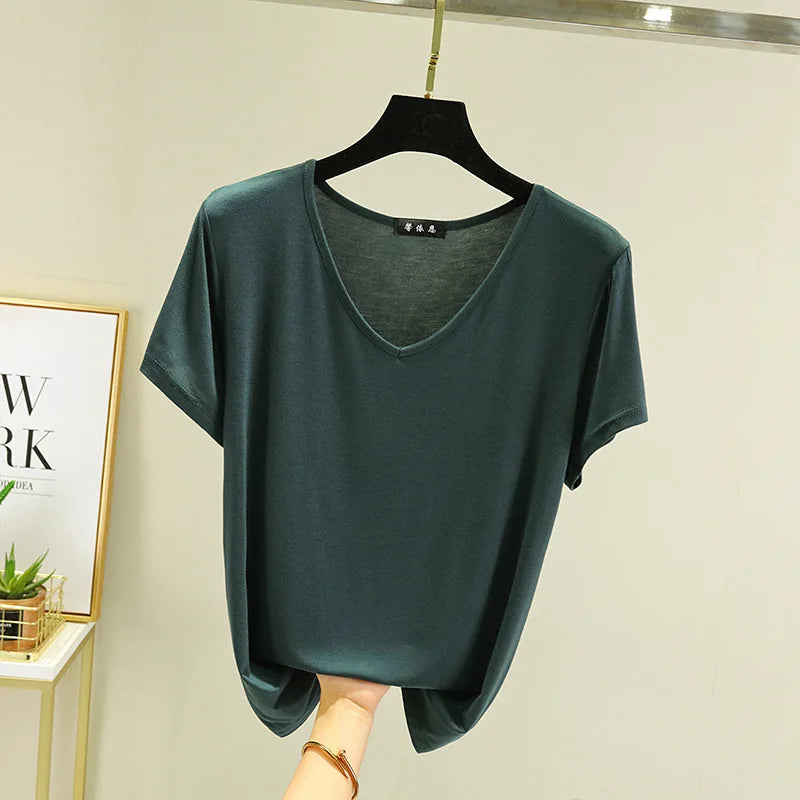 Camiseta de Modal con cuello en V para mujer, camisetas de fondo fino, camisetas holgadas de talla grande, ropa de calle, Top básico