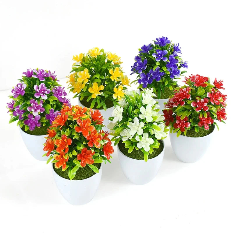 Flores Artificiales de Ciruelo de Cinco Hojas, Plantas Pequeñas en Maceta, Aptas para Interiores y Exteriores, Ideales para Decoración del Hogar y Bodas