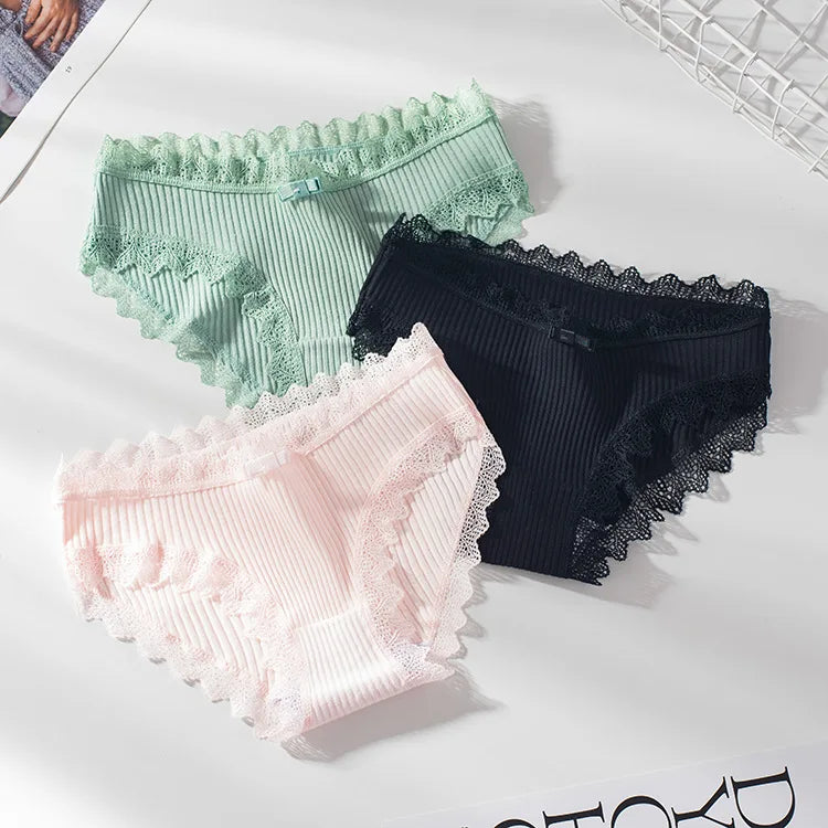 Bragas de algodón para mujer, bragas de encaje sexis, bragas de Color sólido para niñas, juego de ropa interior, ropa interior, Dropshipping 3 unids/lote
